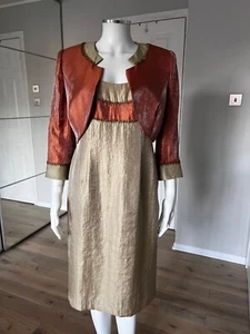 FRANK USHER MOTHER BRIDE OUTFIT Orange Gold MIDI DRESS BOLERO CROP JACKET  S 12 - Picture 1 of 23