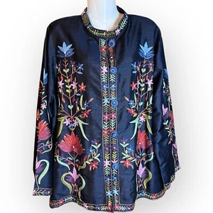 Norm Thompson Womens 100% Silk Blazer Jacket XL Floral Embroidered Black Blue - Picture 1 of 24