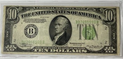 Error 1934 $10 FRN rev. has tilted printing (#2409) nice VF - Image 1 of 2