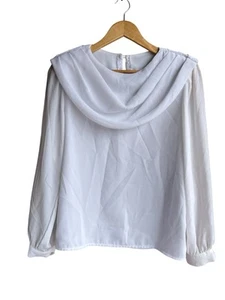 Vintage Damen große weiße Bluse Wasserfallausschnitt Sekretär Streber Karriere Puffschulter - Bild 1 von 4