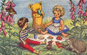 "The Dolls' Picnic" Fantasy Art Molly Brett Animals Flowers c1960s Postcard - Picture 1 of 2