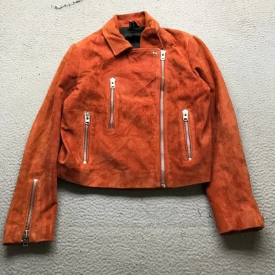 Chaqueta de motociclista de cuero gamuza Topshop para mujer talla pequeña 6 cremallera completa forrada en naranja Foto 1 de 4