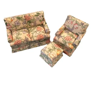 Vintage DOLL HOUSE MINIATURE Fabric Couch, Chair & Ottoman - Picture 1 of 7