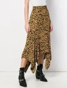 GANNI Midi Maxi Skirt S Handkerchief Crepe Bohemian Creeping Tulip Ochre Black - Picture 1 of 11