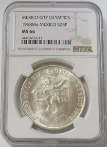 1968 SILVER MEXICO 25 PESO COIN MAYAN DANCER OLYMPIC COMMEMORATIVE NGC MS 66 - Picture 1 of 2