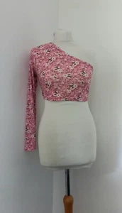 Boohoo Size 8 Pink Floral One Sleeve Crop Top - Picture 1 of 5