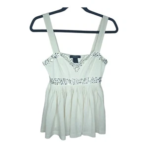 Arden B Ivory Silk Beaded Sleeveless Deep V Neck Flared Top Side Zip Size S - Picture 1 of 8