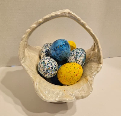Cesta de Pascua de vidrio opalescente de cerámica de colección/años 70/moteado/esmalte/fijo 7 huevos Foto 1 de 4