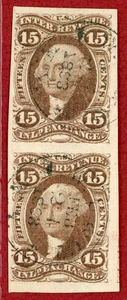 US 1862-71, #R40a, 15c Inland Exchange, Imperf, Pair, Used, SCV $200.00 - Picture 1 of 2
