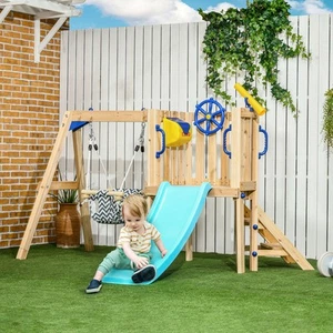 Outsunny Wooden Swing Set with Slide, Baby Swing Seat, Fort for 1.5-4 Years - Picture 1 of 11