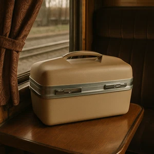 Vintage Hard Shell Train Case Makeup Vanity Suitcase | Beige Beauty Travel Case - Picture 1 of 8