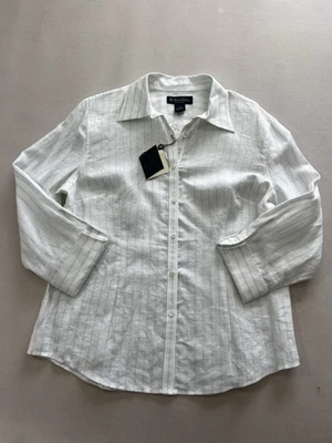 Женская ирландская льняная рубашка классического покроя Brooks Brothers — белая в полоску синяя - Изображение 1 из 4