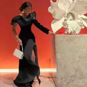 Satin Off the Shoulder Evening Dress Fashion Straight Long Sleeves Floor Length - Picture 1 of 4