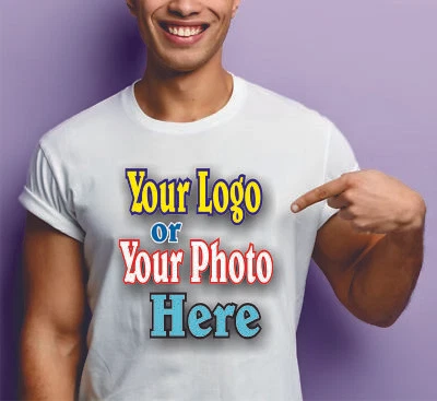 Custom WHITE T-shirt Photo Text Logo full color Gildan Men Women - Image 1 of 4
