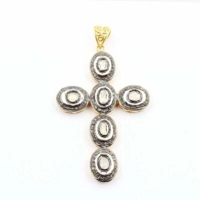 Pingente de cruz de diamante Polki, pingente de prata 925 fatia de diamante "Jesus" Christians - Imagem 1 de 4