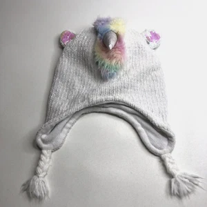 The Place Beanie Girl L-XL White Unicorn Horn Sequins Braids Earflap - Picture 1 of 18