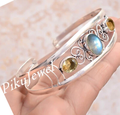 Blauer Feuer Labradorit & Citrin Topas Edelstein 925 Sterling Silber Neu Armreif - Bild 1 von 4