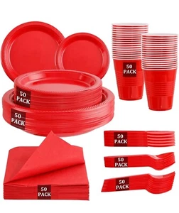 MirthMood 350PCS Red Disposable 50-Plastic,Plates,Cups,Forks,Napkins - Picture 1 of 6