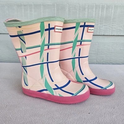 Botas de chuva Hunter Wellington criança menina tamanho 11 EUA rosa rock estampa tartan - Imagem 1 de 4