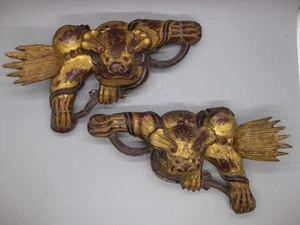 Fine Old Antique Chinese Tibetan Carved Lion Wood Gold Gilded Plaques Carvings - Picture 1 of 16