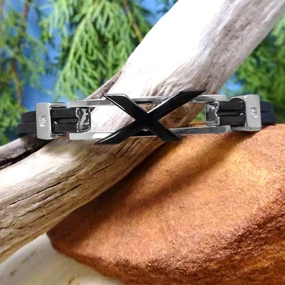 Black & Silver Rubber Bracelet with X-Design & CZ Accents - Image 1 of 3