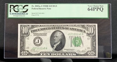 1928 B $10 FRN PCGS 64PPQ FR 2002a-J Kansas City DGS s/n J07160148A Mr. C - Image 1 of 4
