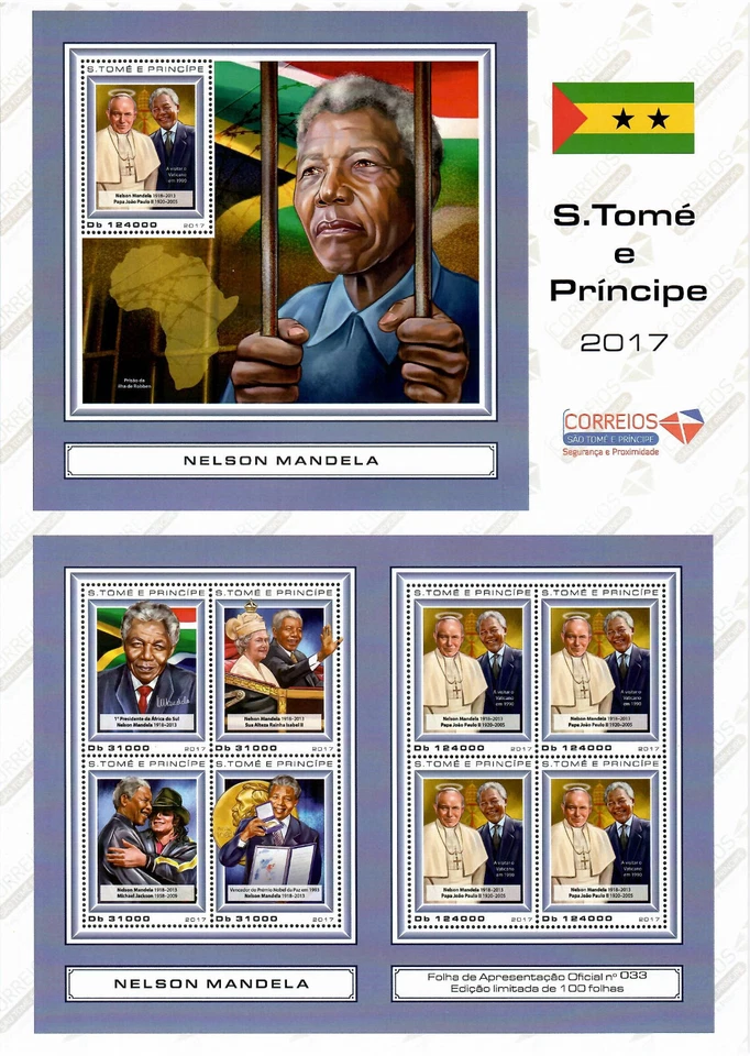 Nelson Mandela, Papa Juan Pablo II 2017 hoja de presentación de Santo Tomé MNH #ST17415pp Foto 1 de 1