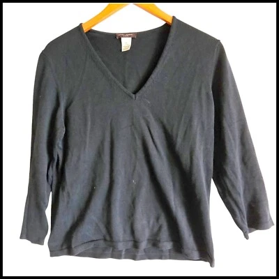 Camisa Henri Bendel Cuello en V Top Mezcla de Algodón Manga 3/4 Tejida Negra Grande Foto 1 de 4