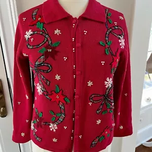Cárdigan de Navidad Erika vintage para mujer mediano rojo verde tartán acebo - Imagen 1 de 11