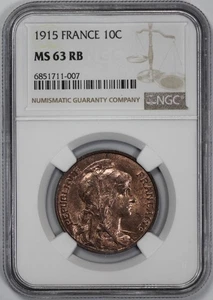 1915 France 10 Centimes NGC MS 63 RB - Picture 1 of 4