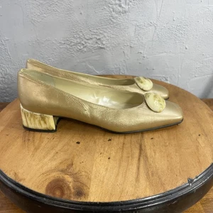 Vintage Proxy Shoes Womens Size 8.5 Gold Faux Horn Heel Spain Square Toe Mod 70s - Picture 1 of 20