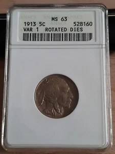 1913 V1 Buffalo Nickel 5c. Rotated Dies MS63 Outstanding Tone orange Rose RARE - Picture 1 of 4