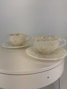 Hazel Atlas Vidrio Blanco Negro Rocia Espagueti Cuerda Taza y Platillo De Colección Años 50’s - Imagen 1 de 18