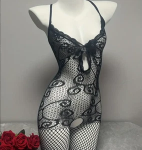 Body Intimo Sexy Donna Rete Trasparente Lingerie Pizzo Nero Erotico - Picture 1 of 3