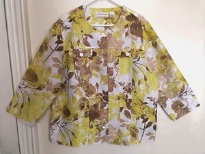 Alfred Dunner Womens Jacket 20W Plus Yellow Brown White Floral Button 3/4 Sleeve - Picture 1 of 3