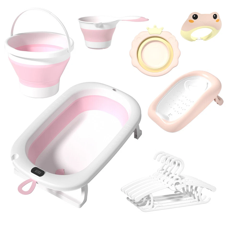 7 in 1 Baby Faltbare Badewanne Anti Rutsch Badewannensitz mit Zubehör Geschenkset Rosa - Bild 1 von 4