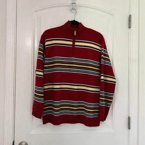 Lauren Ralph Lauren Red Striped 1/4 Zipper Sweater Women M 100% Cotton - Picture 1 of 4