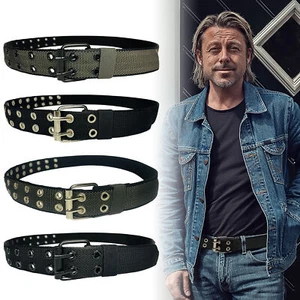 Men's Sports Webbing Belt with Double Prong Buckle Grommet Eyelet Details Punk - Picture 1 of 13