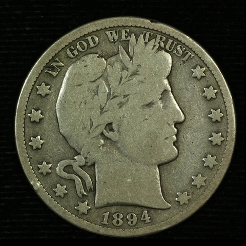 Barber Silver Half Dollar. 1894 S. VG Circulated.  Lot # 9031-60-294 Cover