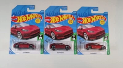 Hot Wheels Tesla Model 3 Red - HW Green Speed 1/5 Lot Of 3 - Image 1 of 4
