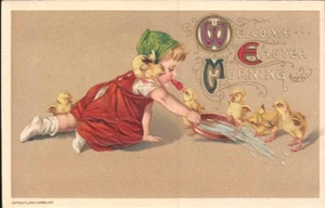 EASTER morning 1910 JOHN WINSCH Girl w/ Chicks Germany postcard - Picture 1 of 2