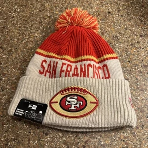 San Francisco 49ers Pom Beanie One Size Knit Mens NFL Football Red Cream New Era - Picture 1 of 7