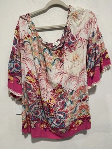 Umgee Boho Multicolor Paisley Blumen Schulterfrei Tunika Top Glockenärmel 1XL - Bild 1 von 12