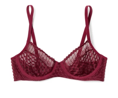 Adore Me Adaline Balconette Lace Semi-Sheer Underwire Bra Maroon Brown 36DDD - Image 1 of 4