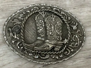Vintage 1970s Solid Pewter Design Cowboy Cowgirl Western Boots Belt Buckle USA - Picture 1 of 7