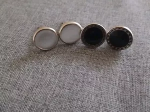 Set Of 2 Round Silver Tone Cufflinks Black Onyx And MOP By Broadway Tuxmakers - Picture 1 of 6