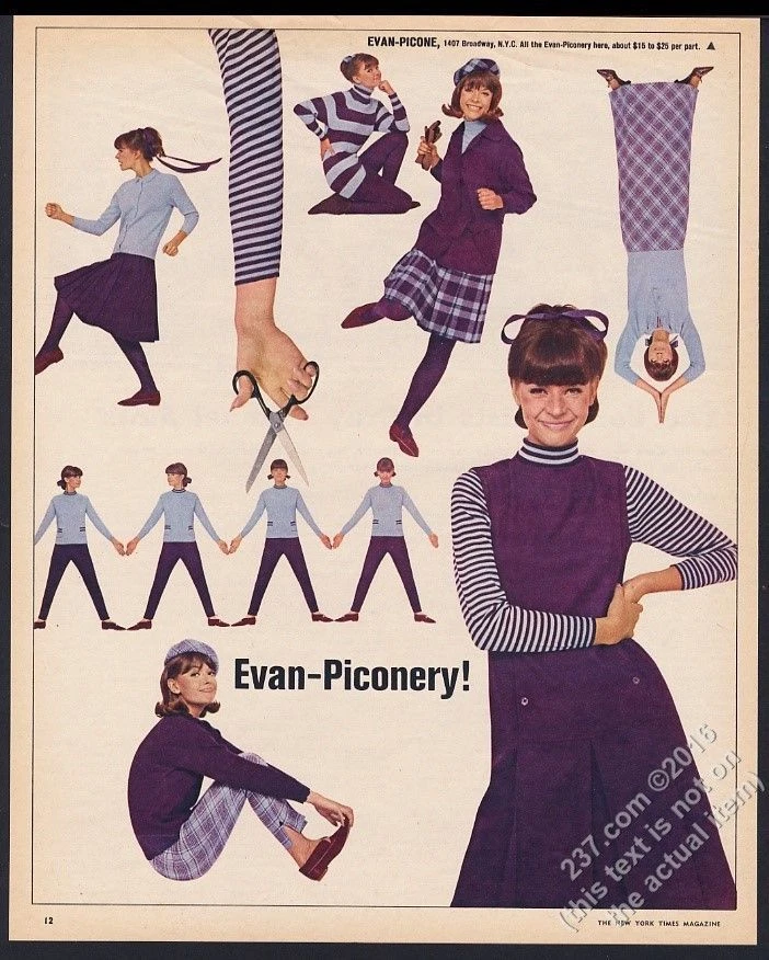 1964 Evan Picone vestido púrpura camisa a rayas falda a cuadros vintage moda impresión anuncio Foto 1 de 1