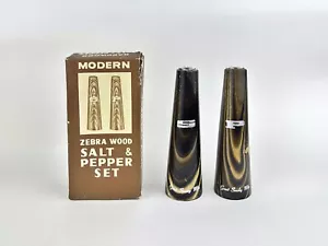 Vintage MCM Zebrawood Salt & Pepper Shakers With Box Great Smokey Mountains - Picture 1 of 5