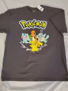 Adult XL Pokemon T-Shirt Pikachu & Friends SS Gray Cotton Squirtle Charmander - Picture 1 of 4