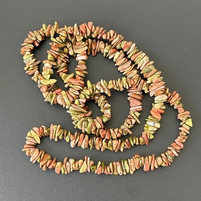Unakite 项链长股粉色绿色天然石材 34 英寸长 — 第 1/4 张图片